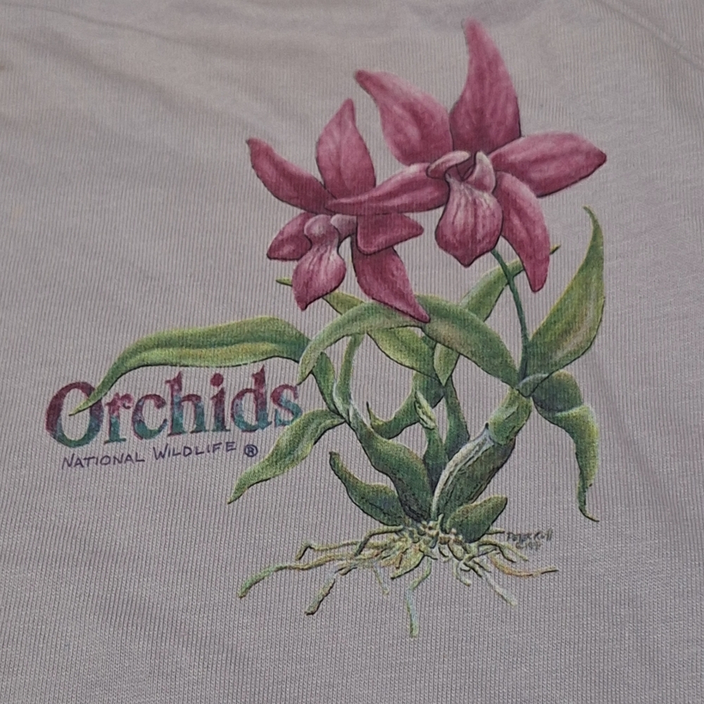 Vtg National Wildlife Orchids Light Purple Single Stitch Shirt Sz L Made In USA - Picture 7 of 13